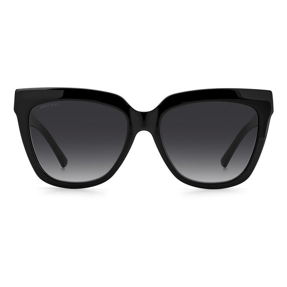 Jimmy Choo sunglass comes in a shiny black acetate frame with grey gradient lenses and the addition of cabochon pearls which are embellished on the temples. Front view. 
