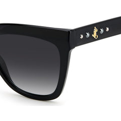 Jimmy Choo sunglass comes in a shiny black acetate frame with grey gradient lenses and the addition of cabochon pearls which are embellished on the temples. Close up view.