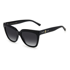 Jimmy Choo sunglass comes in a shiny black acetate frame with grey gradient lenses and the addition of cabochon pearls which are embellished on the temples. Left view.