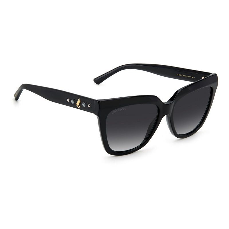 Jimmy Choo sunglass comes in a shiny black acetate frame with grey gradient lenses and the addition of cabochon pearls which are embellished on the temples. Right view