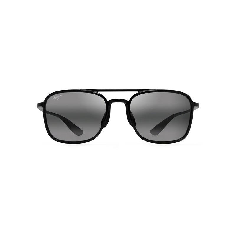 This aviator Maui Jim sunglass comes in a glossy black frame with neutral grey lenses. Front view.