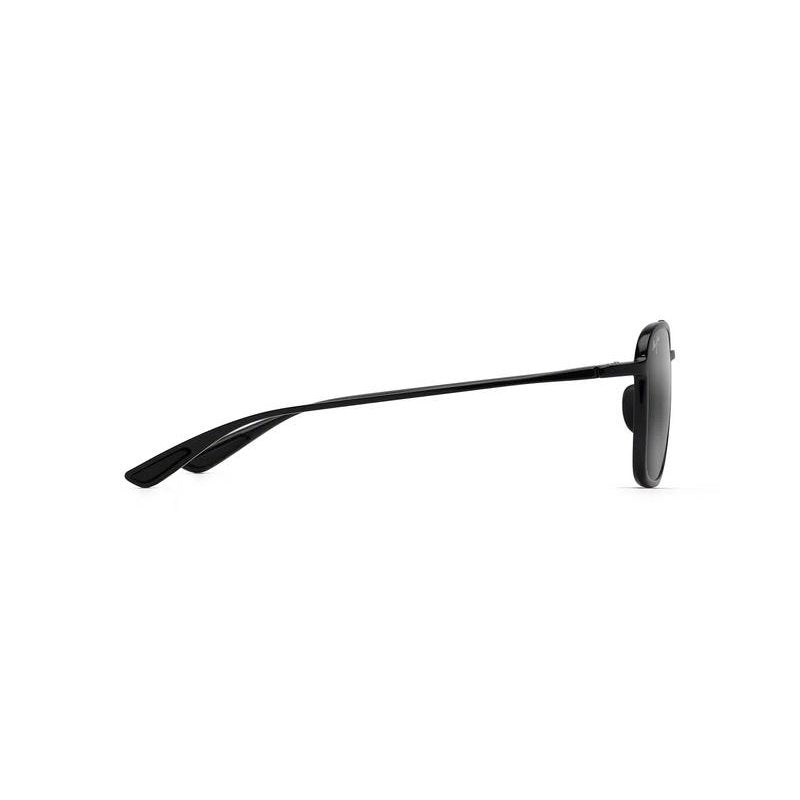 This aviator Maui Jim sunglass comes in a glossy black frame with neutral grey lenses. Side view.