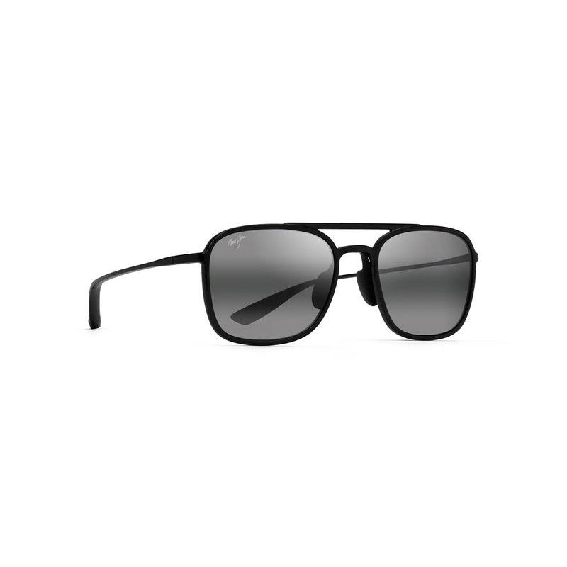 This aviator Maui Jim sunglass comes in a glossy black frame with neutral grey lenses. Side view.