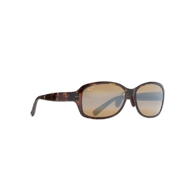 This round Maui Jim sunglass comes in a olive tortoise frame with hcl bronze lenses. Right side view.
