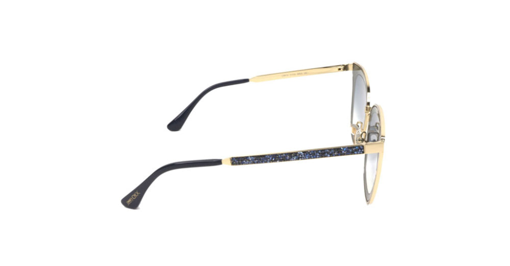 Subtle cat-eye sunglass comes in a gold and blue frame with blue gradient lenses and blue crystal embellishment on the arms. Right view.