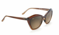 This subtle cat eye Maui Jim sunglass comes in a chocolate fade frame with hcl bronze super thin glass lenses. Right side view.