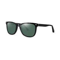 Classic Aspinal of London unisex sunglass comes in a black highly-polished Italian acetate frame with green solid lenses. Left angled view.