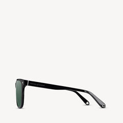 Classic Aspinal of London unisex sunglass comes in a black highly-polished Italian acetate frame with green solid lenses. Left full view.