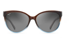 This classic Maui Jim sunglass comes in a transparent dark chocolate with blue fade frame with neutral grey super thin glass lenses. Front view.