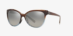 This classic Maui Jim sunglass comes in a transparent dark chocolate with blue fade frame with neutral grey super thin glass lenses. Left side view.