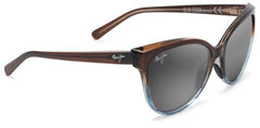 This classic Maui Jim sunglass comes in a transparent dark chocolate with blue fade frame with neutral grey super thin glass lenses. Right side view.