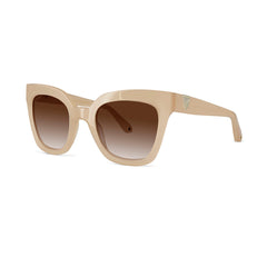 D-shaped frame Aspinal of London sunglass comes in a nude beige highly-polished Italian acetate frame with brown graduated lenses. Left angled view.