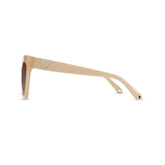 D-shaped frame Aspinal of London sunglass comes in a nude beige highly-polished Italian acetate frame with brown graduated lenses. Left full view.
