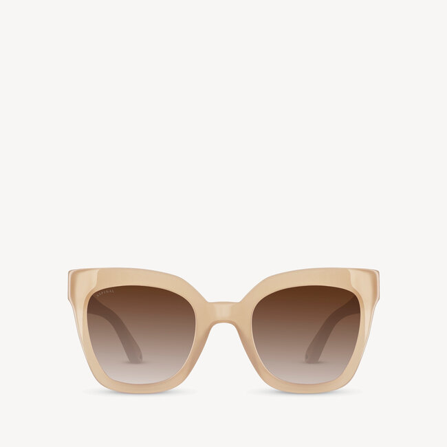D-shaped frame Aspinal of London sunglass comes in a nude beige highly-polished Italian acetate frame with brown graduated lenses. Front view.