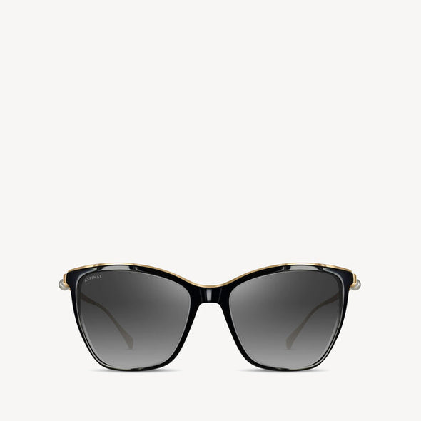 Aspinal of London sunglass is a geometric cat-eye acetate frame comes in a shiny black colour with gold tone metal arms and grey gradient lenses. Front view.