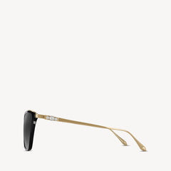 Aspinal of London sunglass is a geometric cat-eye acetate frame comes in a shiny black colour with gold tone metal arms and grey gradient lenses. Left full view
