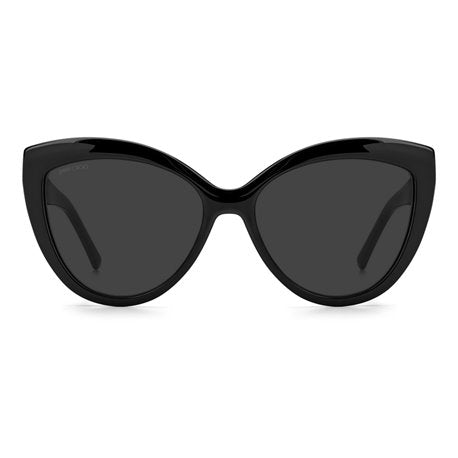 Subtle cat-eye Jimmy Choo sunglass comes in a shiny black acetate frame with dark grey lenses. Front view.