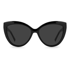 Subtle cat-eye Jimmy Choo sunglass comes in a shiny black acetate frame with dark grey lenses. Front view.