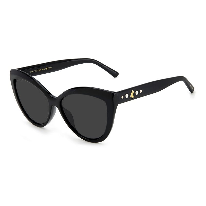 Subtle cat-eye Jimmy Choo sunglass comes in a shiny black acetate frame with dark grey lenses. Left side view.