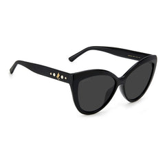 Subtle cat-eye Jimmy Choo sunglass comes in a shiny black acetate frame with dark grey lenses. Right side view.