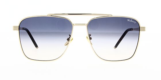 Square Mulberry sunglass is a shiny gold metal frame with a blue gradient lens. Front view.