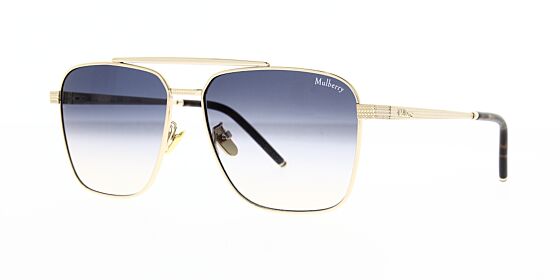 Square Mulberry sunglass is a shiny gold metal frame with a blue gradient lens. Left angled view.