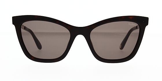 Cat-eye Mulberry sunglass is a dark havana and silver frame with brown lenses. Front view. 