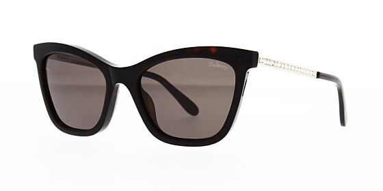 Cat-eye Mulberry sunglass is a dark havana and silver frame with brown lenses. Left angled view. 