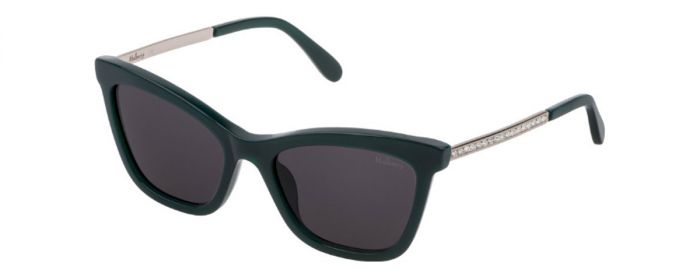 This cat-eye Mulberry sunglass is a shiny black and silver frame with grey gradient lenses. Left angled view.