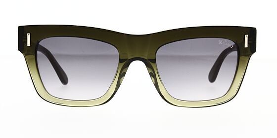 Square shape Mulberry sunglass is a polished khaki green gradient acetate frame with a brown gradient lens and featuring the brand’s gold Mulberry logo. Front view.