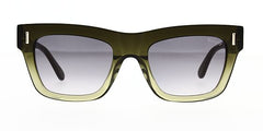 Square shape Mulberry sunglass is a polished khaki green gradient acetate frame with a brown gradient lens and featuring the brand’s gold Mulberry logo. Front view.