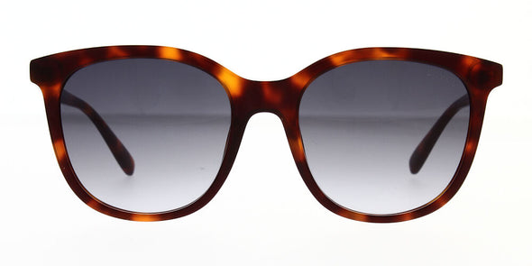 Square Mulberry sunglass is a polished brown/ honey havana acetate frame with a smoke gradient lens. Front view.