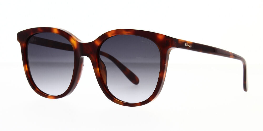 Square Mulberry sunglass is a polished brown/ honey havana acetate frame with a smoke gradient lens. Left angled view.