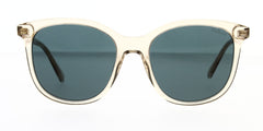Square Mulberry sunglass is a shiny apricot crystal acetate frame with a green lens. Front view.