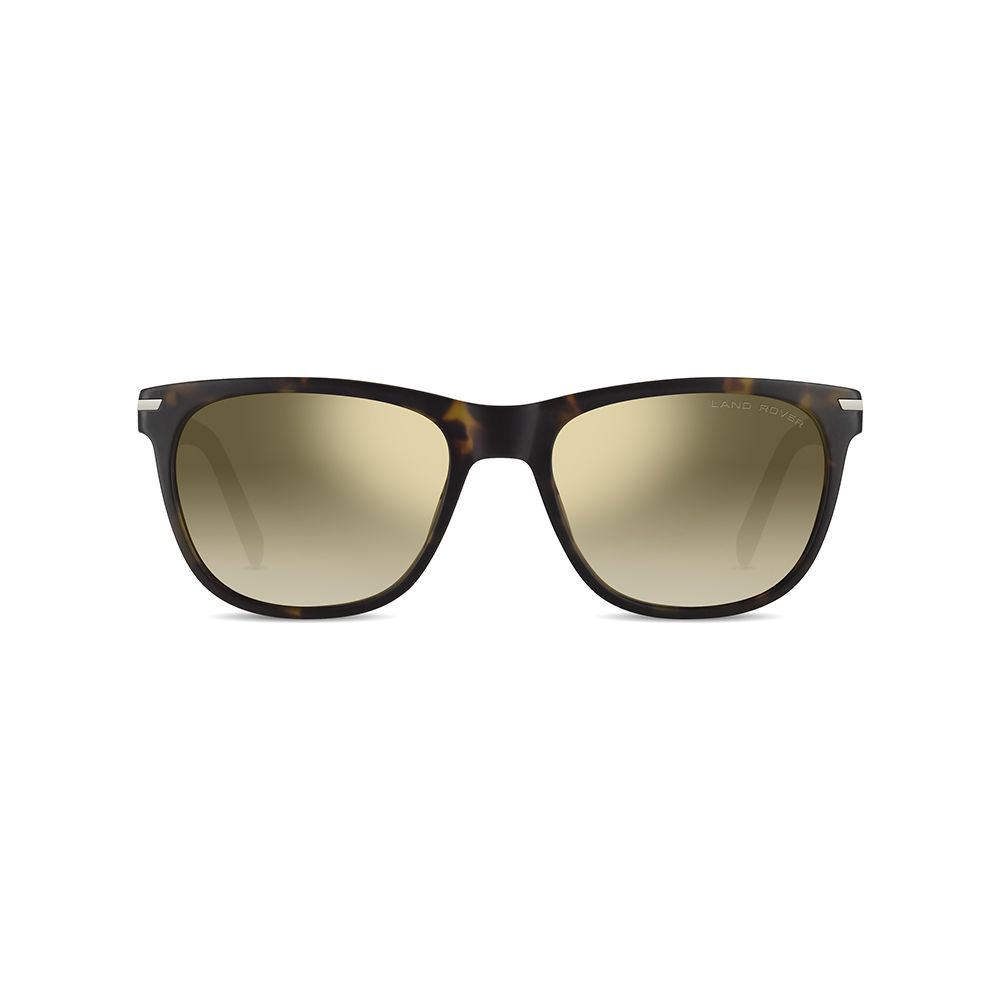 Classic square shaped men's land rover sunglass comes in a grey tortoise shell print acetate frame. Comes with bronze polarized lenses. Front view.