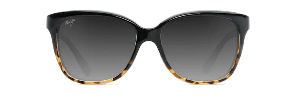 This square Maui Jim sunglass comes in a glossy black with tortoiseshell frame with neutral grey lenses. Front view.