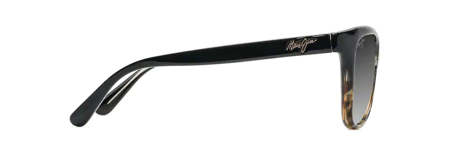 This square Maui Jim sunglass comes in a glossy black with tortoiseshell frame with neutral grey lenses. Side view.