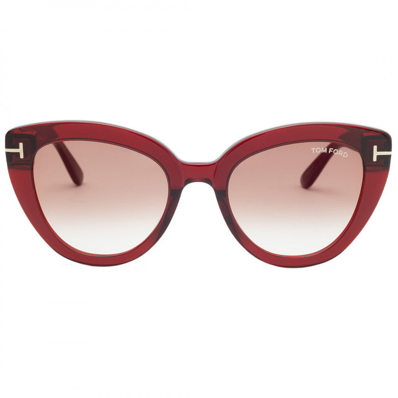 SHINY ACETATE STYLE red/brown sunglasses WITH METAL 'T' LOGO DECORATION ON THE TEMPLE. Front view.