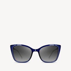 Soft square Aspinal of London sunglass. This lightweight acetate frame comes in a midnight blue colour with grey gradient lenses. Front view.