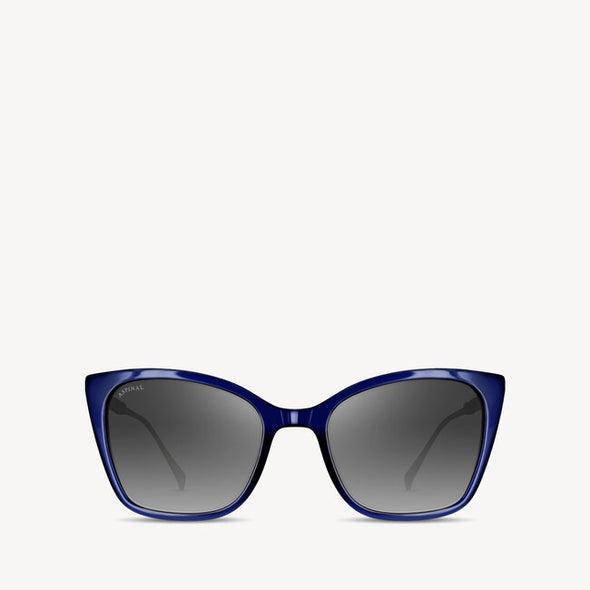 Soft square Aspinal of London sunglass. This lightweight acetate frame comes in a midnight blue colour with grey gradient lenses. Front view.